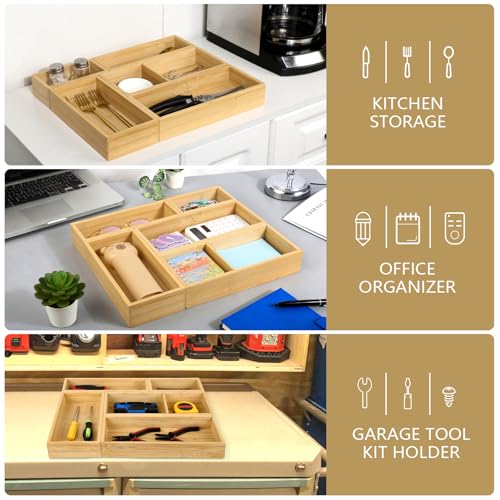 5 Pack Bamboo Drawer Organizer Set, Multi-Use Junk Drawer Organizer for Bathroom, Kitchen, Office, Jewelry, Makeup