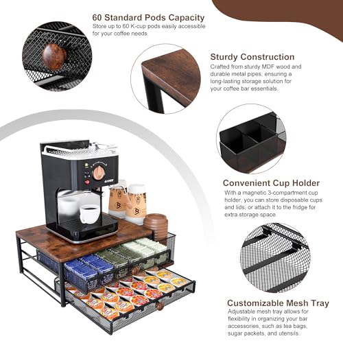 Coffee Bar Organizer, 60 Capacity K Cup Organizer for Countertop, 2 Tier Sliding Coffee Pod Storage Drawer with Disposable Cup & Lid Holder, Black