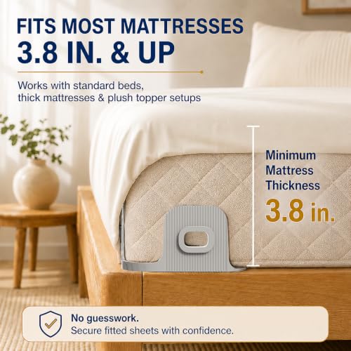 Bed Sheet Holders for Corners, 90° Quick-Lock Fitted Sheet Holder, 4-Pack | Fits 3.8-16 in. mattresses; Adjustable-base friendly; Clear corner access; One-person install; ABS, no metal teeth