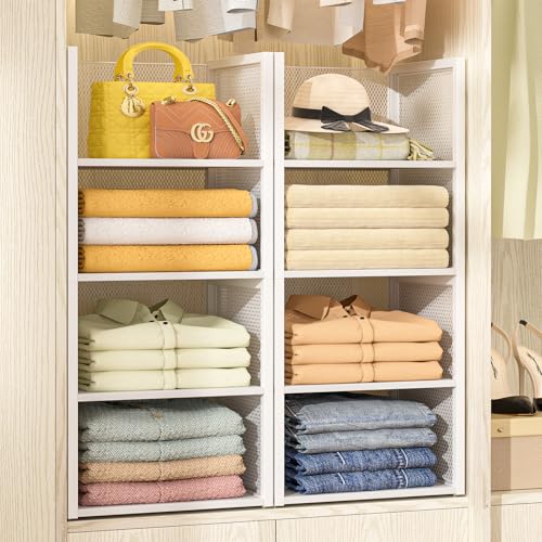 4-Tier Stackable Closet Organizers and Storage Basket, Wire Clothes Shelf Organizer Bins, Sweater Storage for Wardrobe Cupboard, Multifunctional Cube Storage Box for Kitchen Bath Laundry Room, White