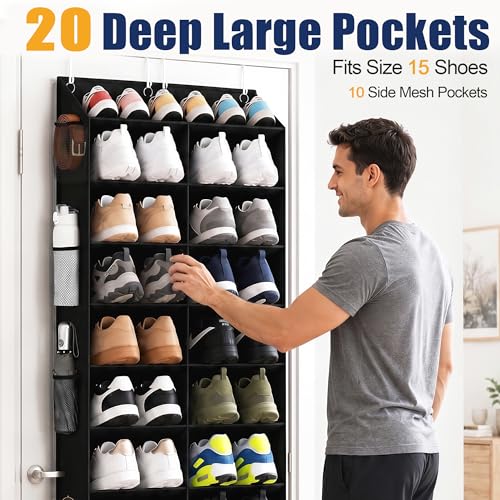 20-30 Pairs Over the Door Shoe Organizer with Side Mesh Pockets, 10-Tier Hanging Shoe Storage for Closet, Breathable Door Shoe Rack Holds Sneakers, Boots, Heels & Daily Essentials, Black