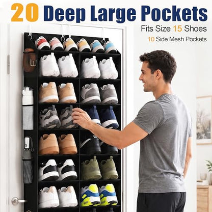 20-30 Pairs Over the Door Shoe Organizer with Side Mesh Pockets, 10-Tier Hanging Shoe Storage for Closet, Breathable Door Shoe Rack Holds Sneakers, Boots, Heels & Daily Essentials, Black