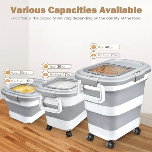 Rice Storage Container, Collapsible Airtight 10-40 Lb Rice Storage Container, 25lb Pet Dog Food Storage Container, Rice Dispenser Bin with Cup and Scoop for Flour Cereal Pasta Grain, Cat Bird