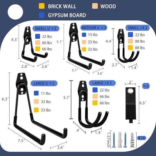 KOFANI Steel Garage Storage Hooks - 16 Pack Anti-Slip Coating, Heavy Duty Wall Mount Hooks for Hanging Bike, Ladder, Garden Tools | Wall Hooks Geavy Duty for Hanging Bike, Ladder, Garden Tools,Broom,Hose，Anti-Slip Coating Garage Wall Organization