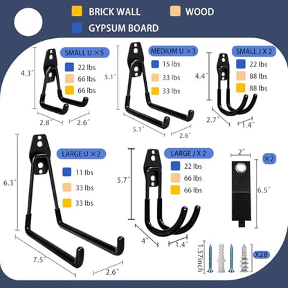 KOFANI Steel Garage Storage Hooks - 16 Pack Anti-Slip Coating, Heavy Duty Wall Mount Hooks for Hanging Bike, Ladder, Garden Tools | Wall Hooks Geavy Duty for Hanging Bike, Ladder, Garden Tools,Broom,Hose，Anti-Slip Coating Garage Wall Organization