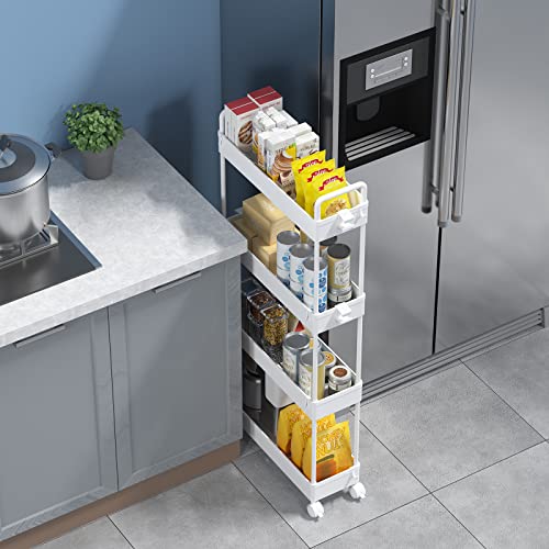 SOLEJAZZ Slim Rolling Storage Cart Skinny Bathroom Organizer, 4 Tier, White | Thin utility cart with wheels for bathroom, laundry room, bedside, kitchen, dorm, office, next to fridge, small narrow places