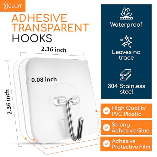 Adhesive Wall Hooks for Hanging Heavy Duty 22 lbs Hooks for Walls No Drill, Towel Sticky Clear Hook, Waterproof, Home, Bathroom, Kitchen, Office, and Outdoor 12 Pack