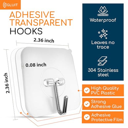 Adhesive Wall Hooks for Hanging Heavy Duty 22 lbs Hooks for Walls No Drill, Towel Sticky Clear Hook, Waterproof, Home, Bathroom, Kitchen, Office, and Outdoor 12 Pack