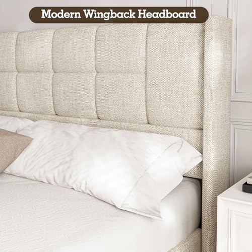 King Bed Frame with Hydraulic Gas Lift Up Storage, Linen Upholstered