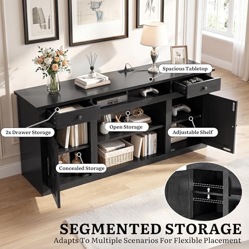 YITAHOME Farmhouse TV Stand with Storage Cabinets for 65" TV, Black | 59 Inch Entertainment Center with Drawers, Power Outlet, Adjustable Shelves, TV Media Console for Living Room