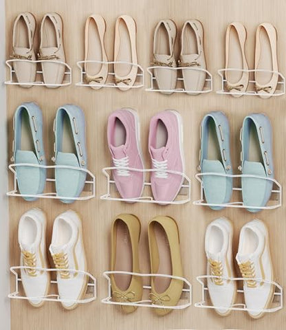 10Pack Wall Mounted Shoe Rack with Sticky Hanging Strips (White) | Very Easy to Install no Need to Drill Hanging Shoe Organizer, for RV, Door,Entryway, Bathroom, Living Room, Mud Room, Laundry