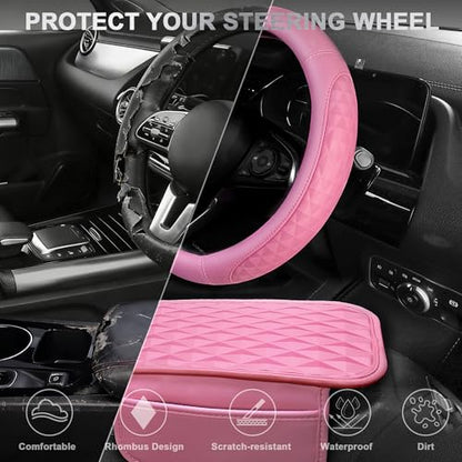 CAR PASS 3D Rhombus Leather Steering Wheel Cover Car Accessories Set, Comfortable Center Console Armrest Cushion with Storage Bags 2 Non-Slip Cup Coasters, 14.5-15in Cute Car Interior Sets, 4 PCS Pink