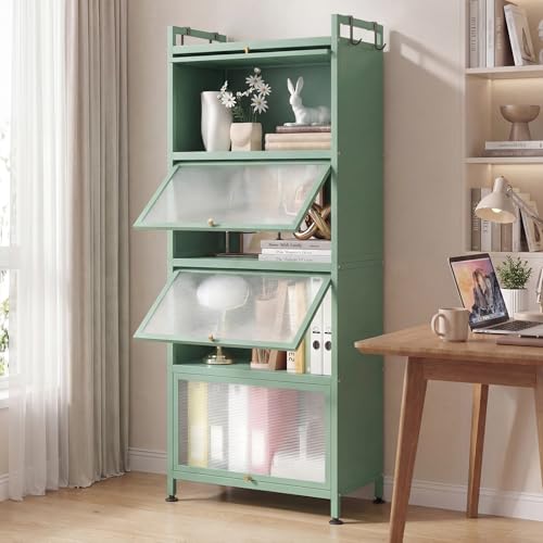 GIANTEX 5-Tier Kitchen Storage Cabinet, 4 PC Doors, Rolling Wheels, Green | Mobile Metal Pantry Cabinet with 4 Hooks & Adjustable Feet, 60" Baker's Rack Microwave Stand for Dining & Living Room