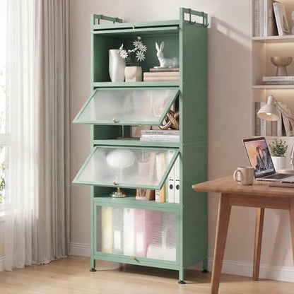 GIANTEX 5-Tier Kitchen Storage Cabinet, 4 PC Doors, Rolling Wheels, Green | Mobile Metal Pantry Cabinet with 4 Hooks & Adjustable Feet, 60" Baker's Rack Microwave Stand for Dining & Living Room