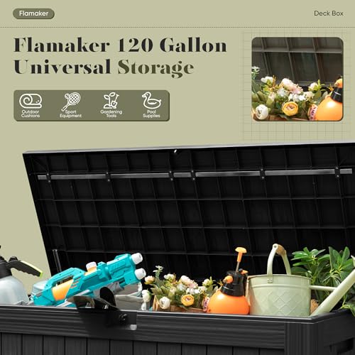 Flamaker Resin Deck Box 120 Gallon Waterproof Large Outdoor Storage Box | Indoor Imitation Wood Resin Plastic Delivery Box for Patio Furniture Garden Tools and Pool Deck Chest