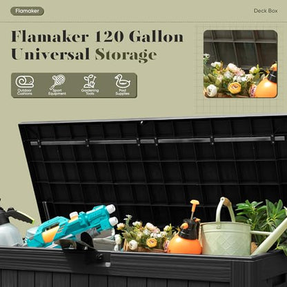 Flamaker Resin Deck Box 120 Gallon Waterproof Large Outdoor Storage Box | Indoor Imitation Wood Resin Plastic Delivery Box for Patio Furniture Garden Tools and Pool Deck Chest