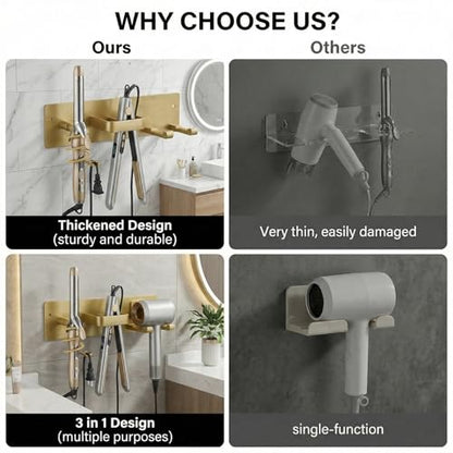 Hair Dryer Holder Hair Tool Organizer Metal Wall Mount (Gold) | Heat Resistant Hair Tool Organizer, Metal Wall Mount Storage, Bathroom Counter Space Saver, Blow Dryer Holder