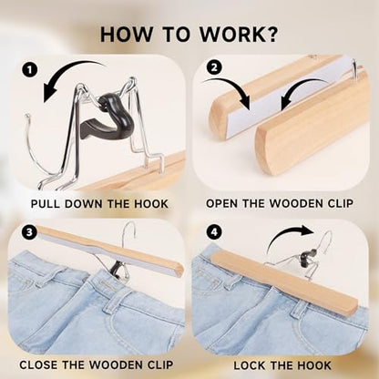 Wooden Non Slip Pants Hangers with Soft Felt Lining, 12-Pack, 12" | Solid Wood Clamp Hangers, 360° Swivel, for Skirts, Jeans, Slacks, Trousers, Shorts