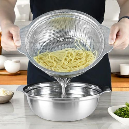 Stainless Steel Colander for Kitchen, 2.5QT Rice Washer Strainer with Mixing Bowl, Colander Bowl Set with Microporous for Washing Rice, Pasta, Spaghetti, Fruits, Dishwasher Safe(2PC)