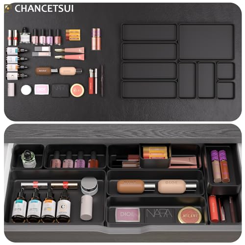 Black Bathroom Drawer Organizer Trays: 9 PC Stackable Desk Organizers Bin | vanity office kitchen modern shallow containers modular storage