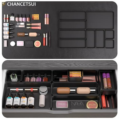 Black Bathroom Drawer Organizer Trays: 9 PC Stackable Desk Organizers Bin | vanity office kitchen modern shallow containers modular storage