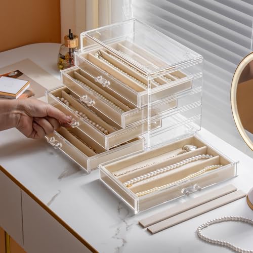 YUFONG Necklace Holder Organizer, Dustproof Necklace Box Velvet Necklace Organizer Box with Lid Clear Acrylic Dustproof Stackable Jewelry Displays for Necklaces Chain Display (Beige, 5 Drawer)