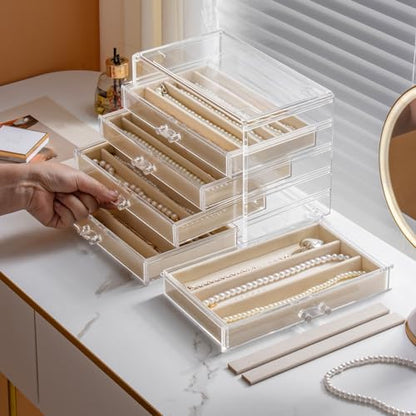 YUFONG Necklace Holder Organizer, Dustproof Necklace Box Velvet Necklace Organizer Box with Lid Clear Acrylic Dustproof Stackable Jewelry Displays for Necklaces Chain Display (Beige, 5 Drawer)