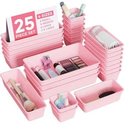 BiuLeon 25 PCS Plastic Drawer Organizers Set, 4-Sizes Vanity and Makeup Organizer, Desk and bathroom Drawer Organizer Trays, Organizers and Storage for Makeup, Jewelry, Gadgets, Utensils (Pink)