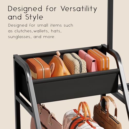 Purse Organizer for Closet - Purse Rack Stand with 12 Hooks, 2 Wooden Shelves Purse Storage for Closet, Large Capacity Backpack Storage, Handbag Organizer for Home, Living Room, Black