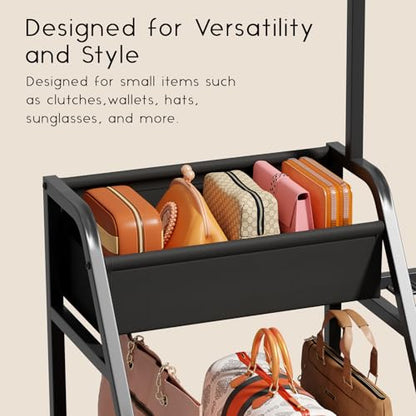 Purse Organizer for Closet - Purse Rack Stand with 12 Hooks, 2 Wooden Shelves Purse Storage for Closet, Large Capacity Backpack Storage, Handbag Organizer for Home, Living Room, Black