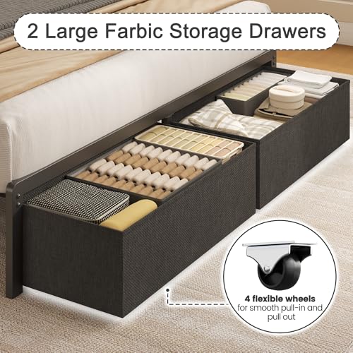 Queen Bed Frame with 2 Drawers, Upholstered Headboard with Storage and Charging Station, LED Lights, Fabric Drawers with Wheels, Under Bed Storage, No Box Spring Needed, Easy Assembly, Grey