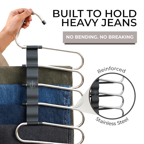 Pants Hangers Space Saving - 2 Pack - Non-Slip Multi-Layer Space Saving Hangers - Multifunctional Clothing Rack for Closet Storage - Ideal for Jeans, Trousers, Skirts, Scarves & Slacks (Black)