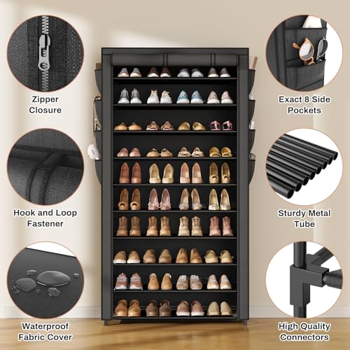 VTRIN Tall Shoe Rack with Cover, 10 Tier Shoe Organizer Storage for 50-55 Pairs Shoes and Boots Large Capacity Shoe Shelf with 8 Pockets Free Standing Shoe Rack for Closet, Entryway, Garage