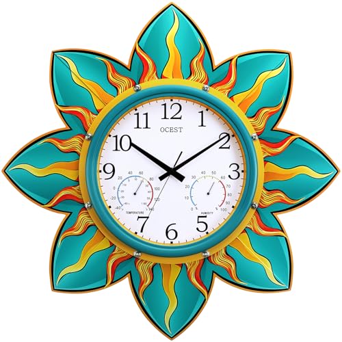 24-in Outdoor Clock Waterproof with Thermometer Hygrometer for Patio | Large Display, Silent, Metal Flame Petal, Weatheproof, Easy to Read, Battery Operated, Garden Pool Garage Porch Outside Decor