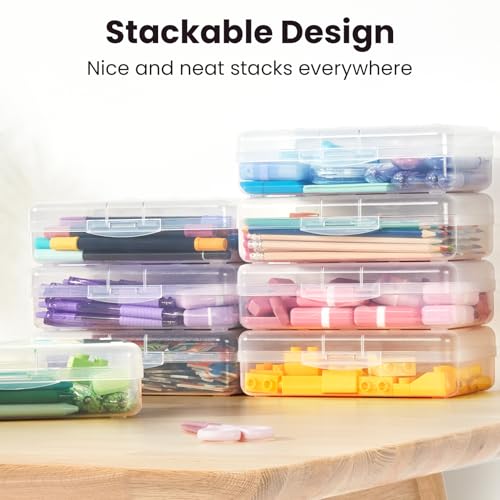 Sooez Plastic Pencil Case Box 6 Pack, Large Crayon Maker Pen Organizer | Plastic Containers with Snap Lids, Stackable Craft Storage Boxes Bulk, School Supplies Art Box for Bead, Clear