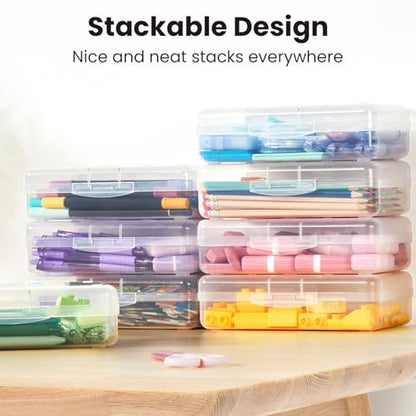 Sooez Plastic Pencil Case Box 6 Pack, Large Crayon Maker Pen Organizer | Plastic Containers with Snap Lids, Stackable Craft Storage Boxes Bulk, School Supplies Art Box for Bead, Clear