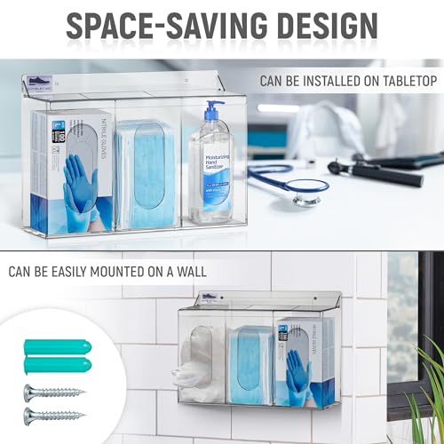 LLC Clear Acrylic Medical Organizer Hygiene Station with Lid - 3 Compartment Glove Dispenser Wall Mount Container for Face Masks, Hairnet, Glovebox - Hair Net Dispenser