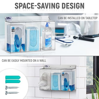 LLC Clear Acrylic Medical Organizer Hygiene Station with Lid - 3 Compartment Glove Dispenser Wall Mount Container for Face Masks, Hairnet, Glovebox - Hair Net Dispenser