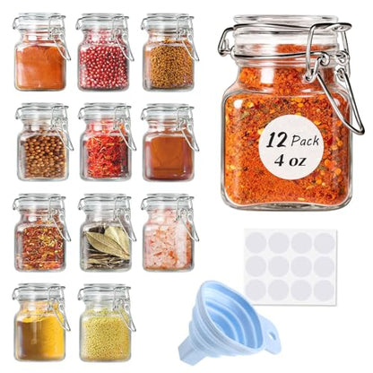 Spice Jars, 12 Pack 4oz Small Glass Jars with Airtight Hinged Lid, With 12 Spice Labels & Silicone Funnels, Airtight Glass Jars for Spices, Art Craft Storage (12 Pack)