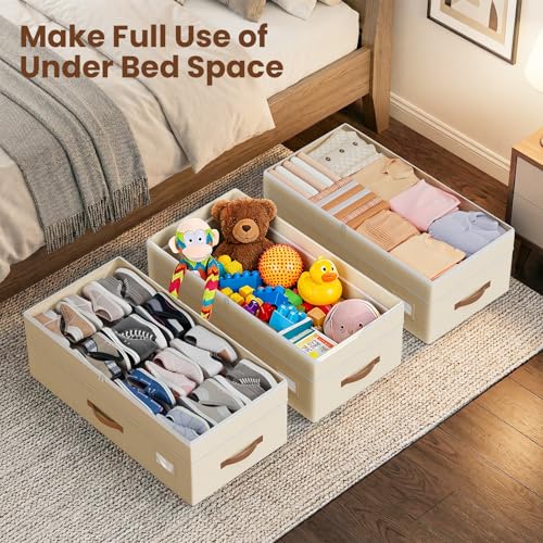 80L 2 Pack Adjustable Under Bed Storage with Wheels, Beige | Underbed containers with clear lids, rolling underbed shoe storage organizer for dorm clothes, blankets, easy to install