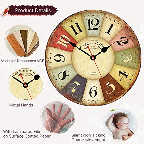 VIKMARI Rustic Wooden Silent Wall Clock Decor 14 in Colorful Arab Numerals | Battery Operated Retro French Country Style Wall Clocks for Kitchen,Living Room,Bathroom,Bedroom
