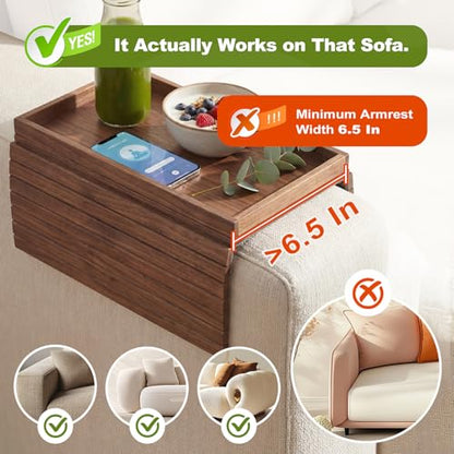 Sofa Arm Tray, Fits 6.5"+ Couch Armrest, Foldable Bamboo Large Storage Tray | Sturdy 12.5" x 5.8" Storage Compartment, Portable Chair Couch Caddy Arm Tray, For Cup TV Snacks Phone