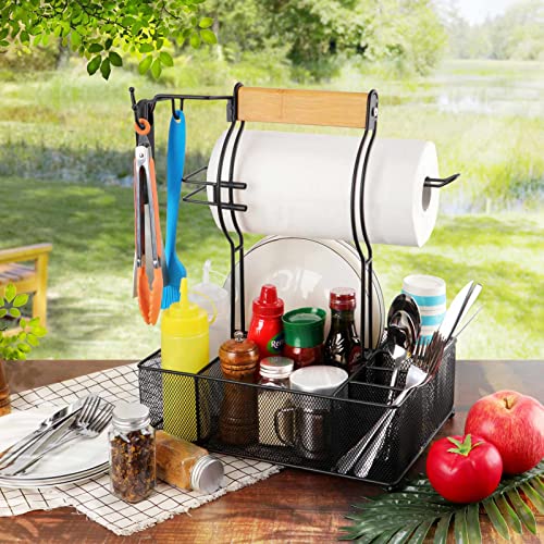 Grill Caddy, BBQ Caddy with Paper Towel Holder for Outdoor Grilling | 7 Compartments, 3 Hooks, Steel Mesh Design, Easy Assembly, Grill Tools Storage, Tailgating & Picnic, Condiment Organizer