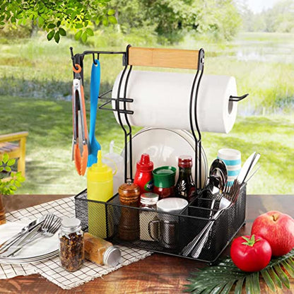 Grill Caddy, BBQ Caddy with Paper Towel Holder for Outdoor Grilling | 7 Compartments, 3 Hooks, Steel Mesh Design, Easy Assembly, Grill Tools Storage, Tailgating & Picnic, Condiment Organizer