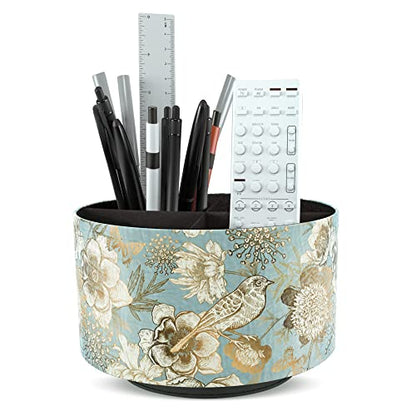 Round Leather Art Supply Organizer,Remote Control Holder,360 Degree Rotating,Multi-Functional Pencil Holder,4 Compartments Desktop Stationary Organizer(1-Blue Bird)