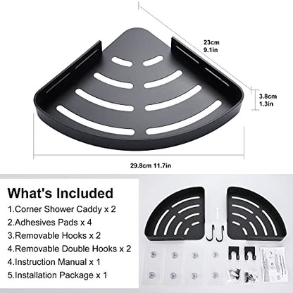 DUFU Adhesive Corner Shower Caddy with Hooks, Black, 2 Pack | Bathroom Shower Organizer, No Drilling, Rust Proof Aluminum Shower Shelf For Inside Shower