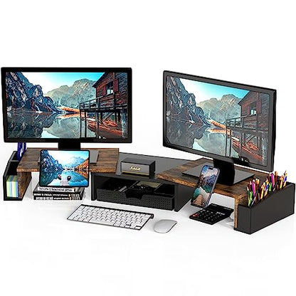Simple Houseware Desk Dual Monitor Stand Riser with Drawer, Rustic Brown | Customizable Organizer Tray, Built-In Phone & Tablet Slot and Side Storage