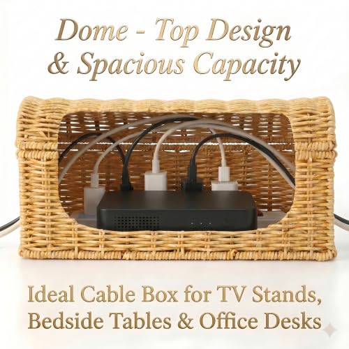 Large Rattan Cable Management Box, Decorative WiFi Router & Modem Hider | Ventilated, Waterproof, Easy Clean, No Assembly, Decorative Cable Organizer