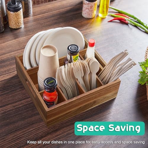 ALELION Acacia Wood Utensil Holder for Party - Paper Plate Organizer for Countertop - Silverware Caddy with 6 Compartments for Plate, Cup, Fork, Spoon - Cutlery Holder for Kitchen Camping Buffet