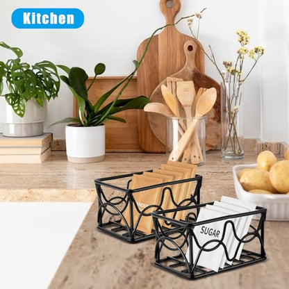 4 Pieces Black Metal Sugar Packet Holder Tea Bag Organizer Sugar Caddy Holder Small Sugar Container Coffee Creamer Holder Tea Bag Caddy Holder for Coffee Bar Kitchen Home